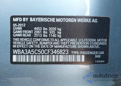 2012 BMW 328I from USA, damaged, VIN WBA3A5C50CF346823